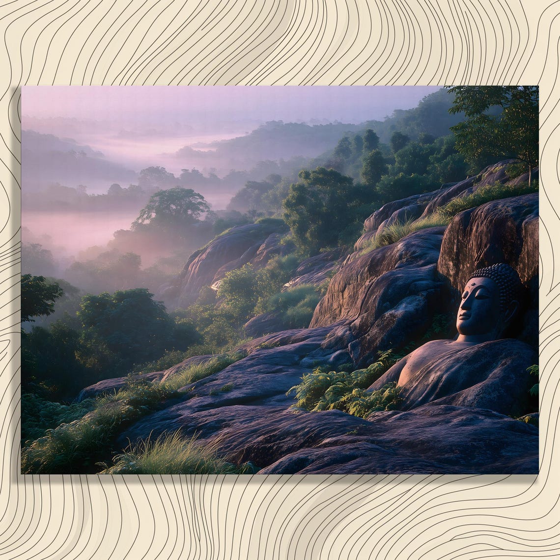 Reclining Buddha Misty Valley Sunrise Rocky Hillside Zen Art Poster