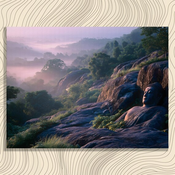 Buddha Landscape Canvas Wall Art Reclining Statue Over Misty Valley Sunrise Mountain Forest Zen Decor Colorful Calming Boho Print