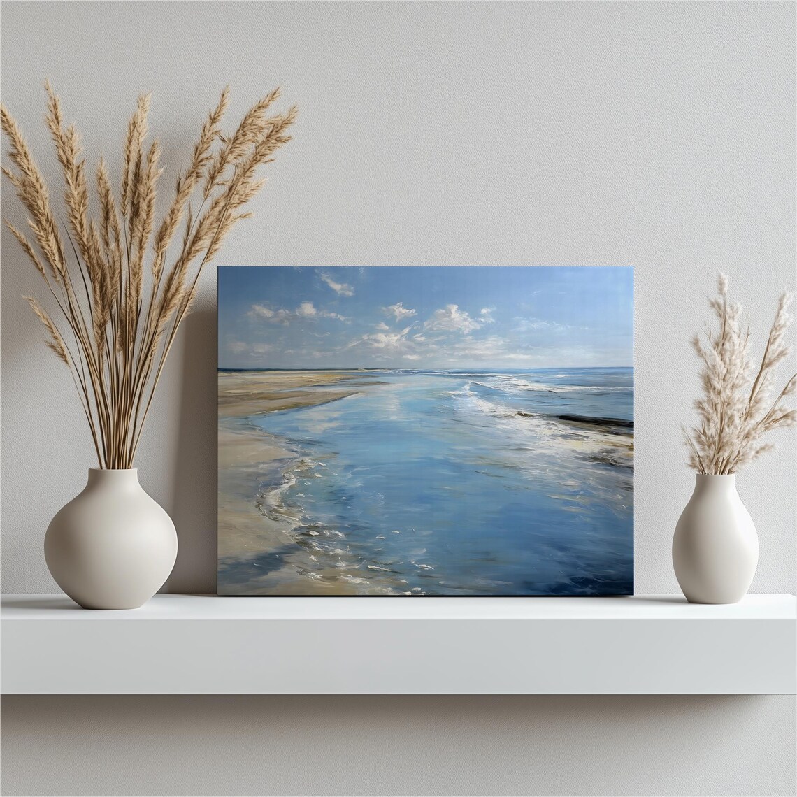 Serene Coastal Seascape Painting Ocean Wave Over Sandbar Blue Sky Art Poster