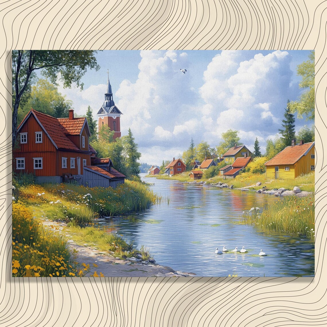 Scandinavian Riverside Village Red Cottages Church Summer Art Print