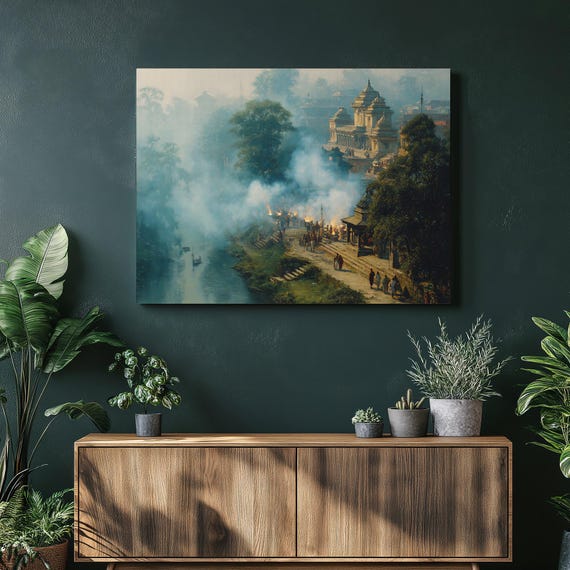 Misty Temple River Canvas Wall Art Sunrise Spiritual Scene With Ancient Architecture Pilgrims And Fire Ritual On Calm Water Boho Print