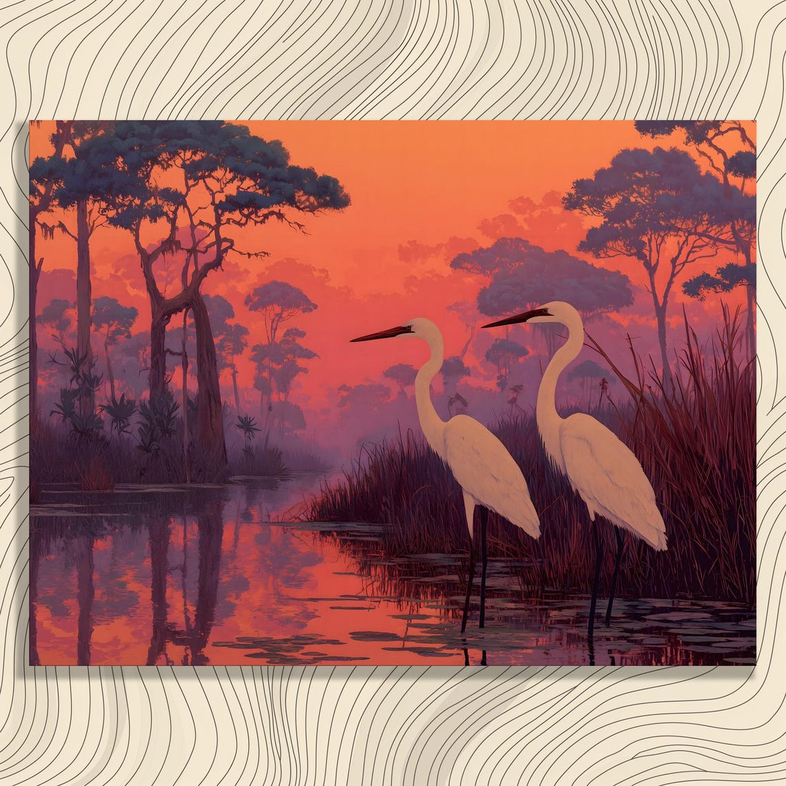 White Egrets Sunset Wetland Moody Bird Wildlife Painting Poster