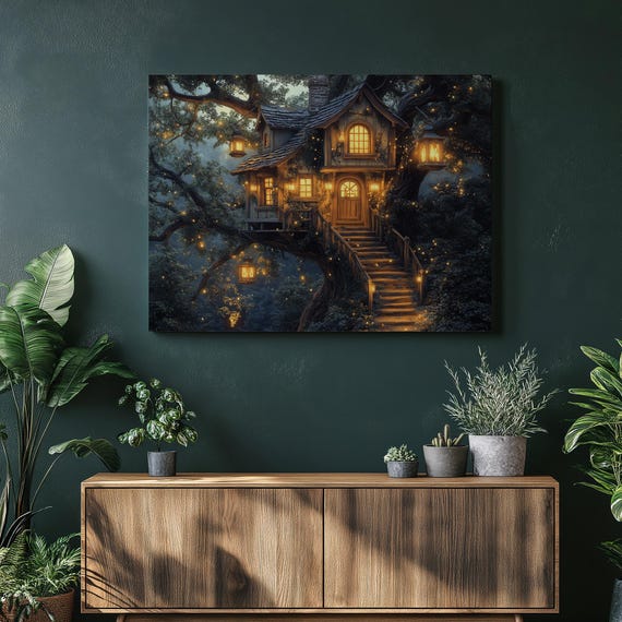 Whimsical Treehouse Canvas Wall Art With Fairy Lights Lantern Decor Lush Green Nature For Kids Room Nursery Playroom