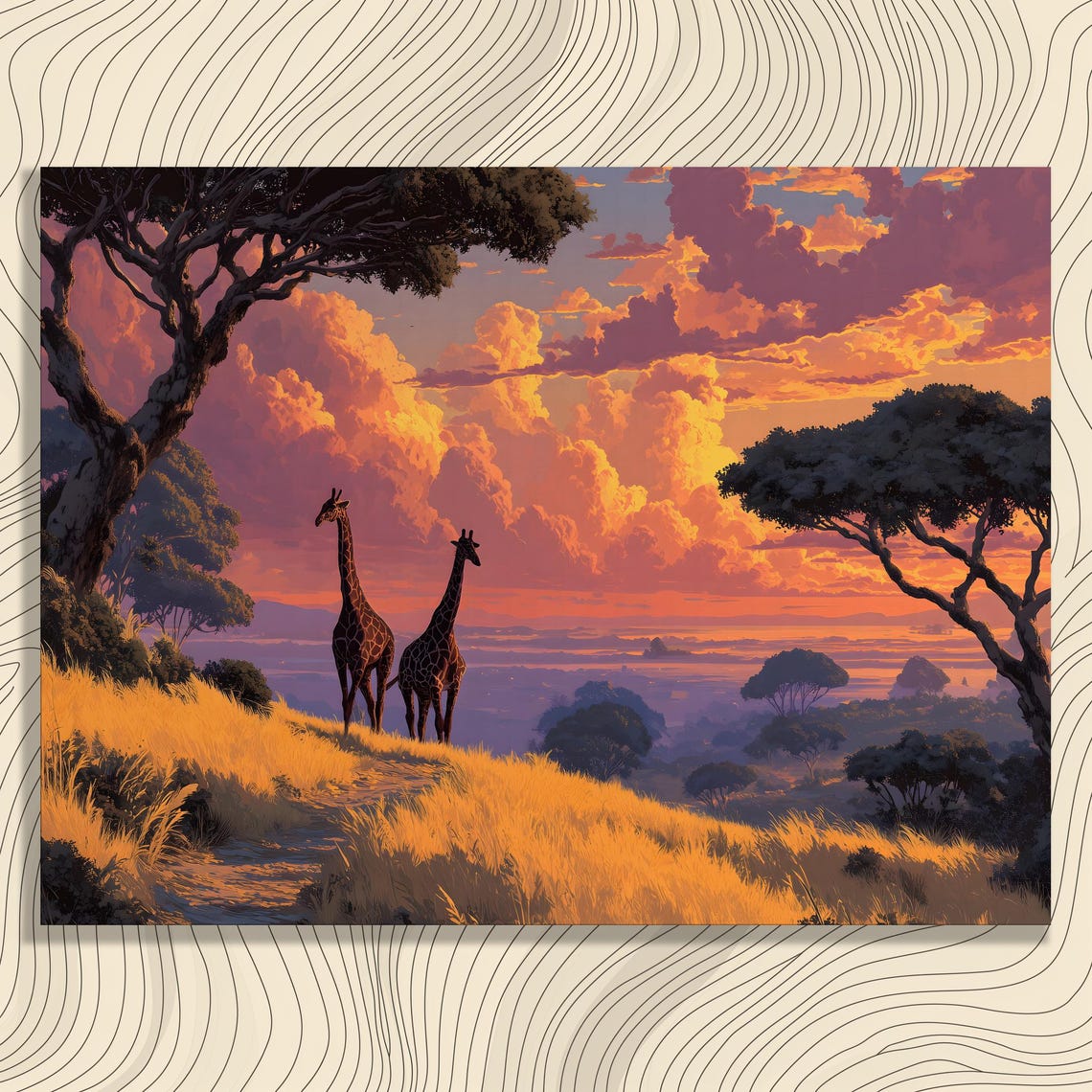 Giraffe Sunset Savanna African Wildlife Safari Golden Hour Art Print
