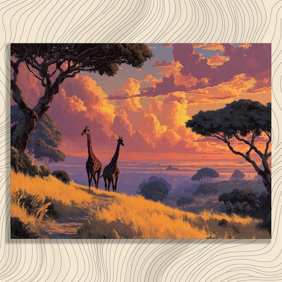 Giraffe Sunset Savanna Canvas Wall Art African Safari Wildlife Print Vibrant Sky Clouds Acacia Tree Scene Colorful Decor Gallery Wrapped