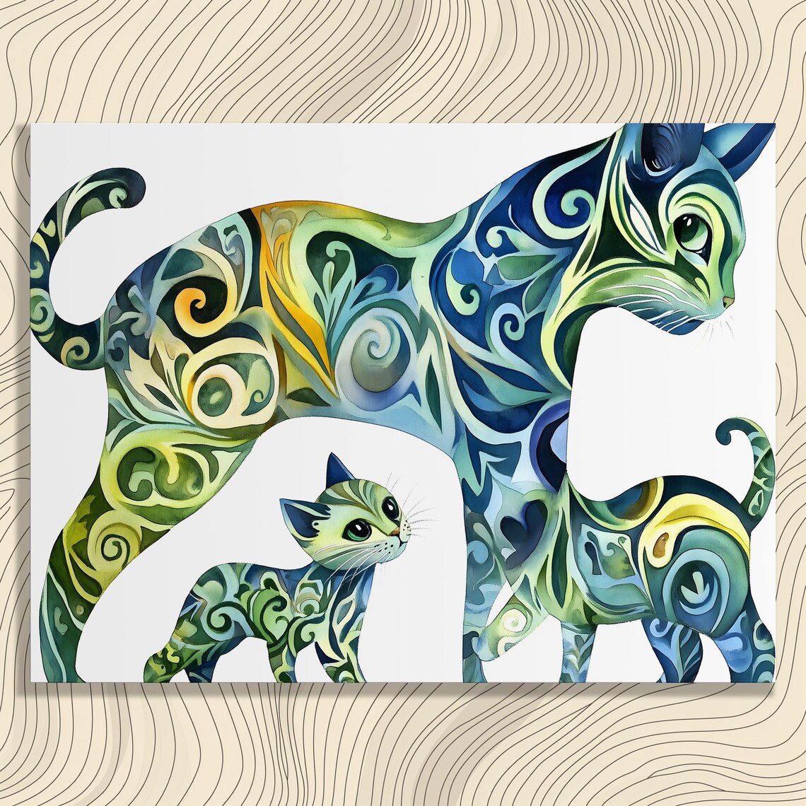 Cat Mother And Kitten Colorful Watercolor Pet Poster Swirl Pattern Blue Art