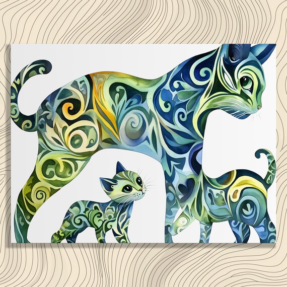 Cat Mother And Kitten Colorful Watercolor Pet Poster Swirl Pattern Blue Art