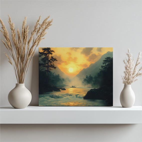 Mountain River Sunrise Canvas Wall Art Serene Misty Valley Confluence Landscape With Golden Sun Pine Silhouettes Flowing Water Decor