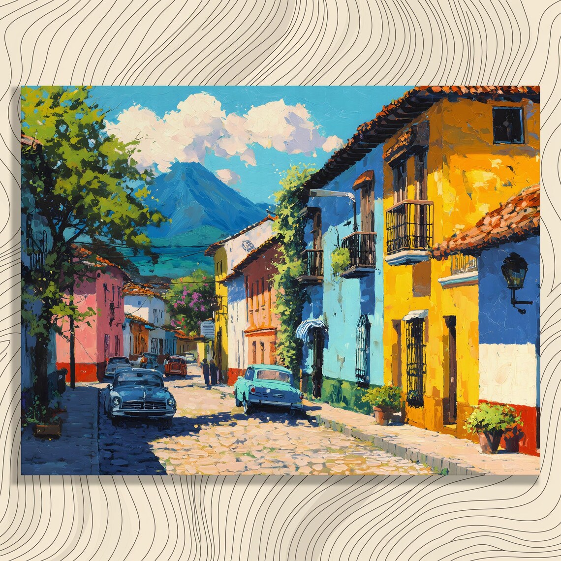 Vibrant Latin Colonial Street Scene With Vintage Cars Art Print