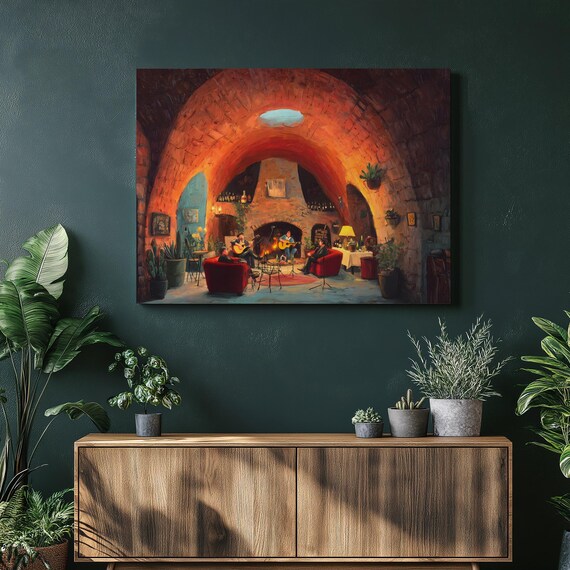 Guitarists By Fireplace Rustic Wine Cellar Impressionist Poster