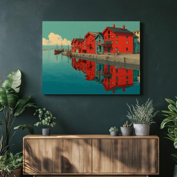 Scandinavian Boathouses Canvas Wall Art Seaside Harbor Reflection Illustration Retro Nautical Nordic Architecture Waterfront
