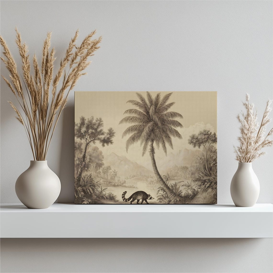 Sepia Tropical Jungle Palm Tree with Raccoon Vintage Engraving Poster