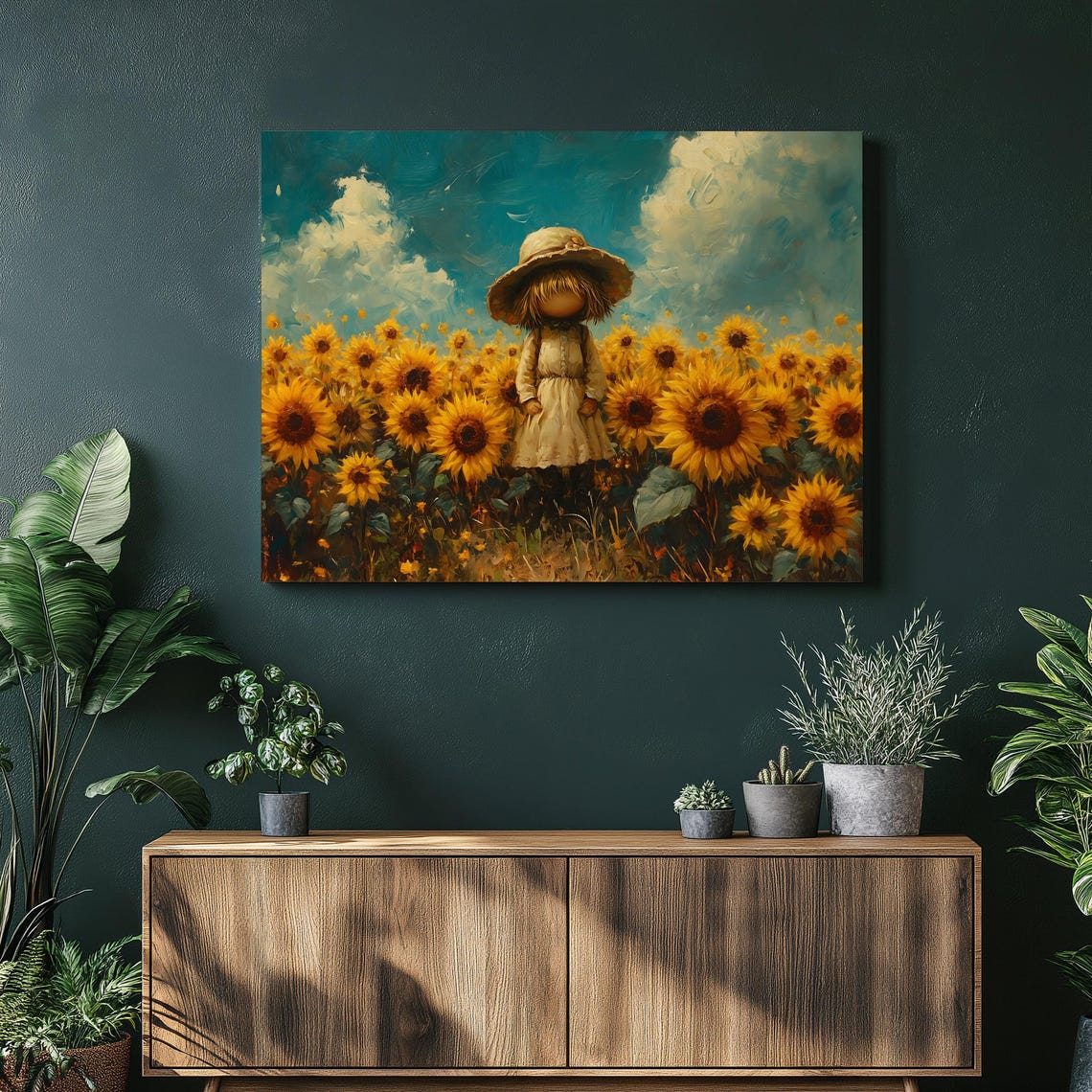 Whimsical Sunflower Field Girl in Straw Hat Painting Wall Art