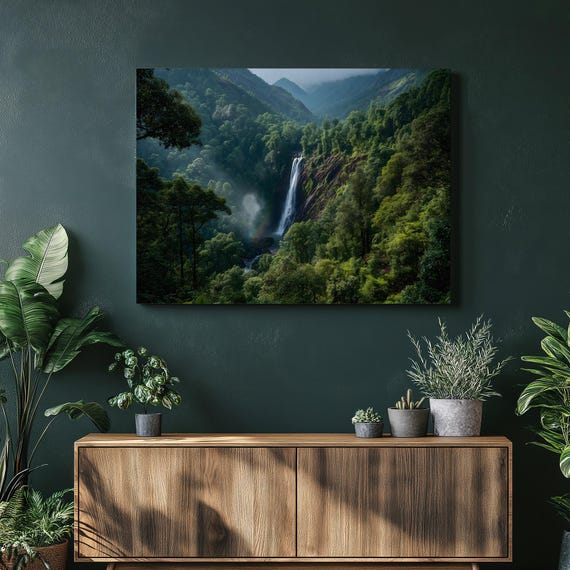 Tropical Waterfall Canvas Wall Art Realistic Rainforest Nature Print Vibrant Jungle Decor Misty River Landscape Painting Gift
