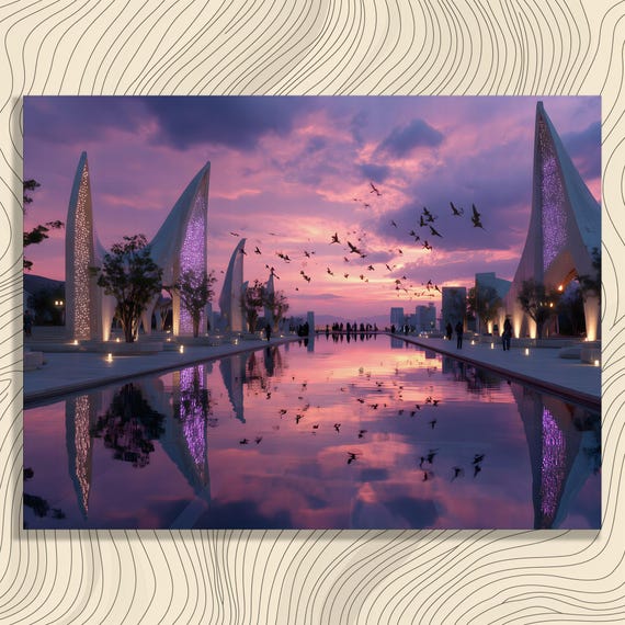 Futuristic Cityscape Canvas Wall Art Modern Architecture City Skyline Purple Sunset Sky Water Reflection Urban Landscape Twilight Scene