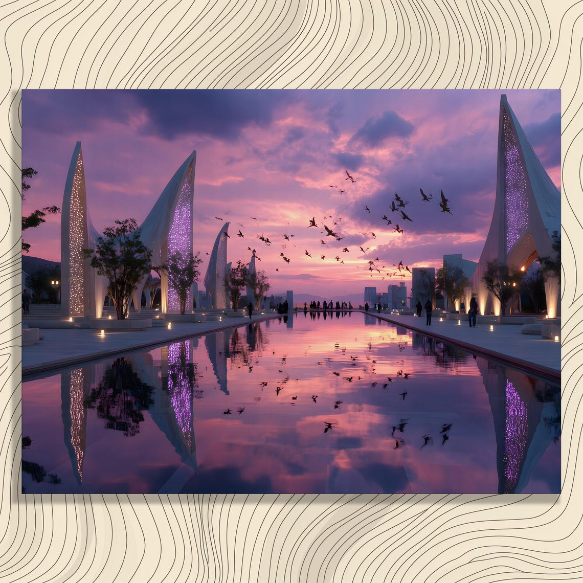 Futuristic Cityscape Canvas Wall Art Modern Architecture City Skyline Purple Sunset Sky Water Reflection Urban Landscape Twilight Scene