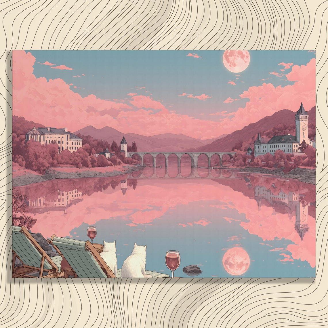 Two Cats With Wine Under Pink Full Moon Pastel Dreamscape Poster