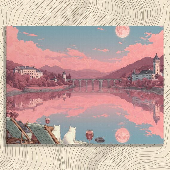 Two Cats With Wine Under Pink Full Moon Pastel Dreamscape Poster