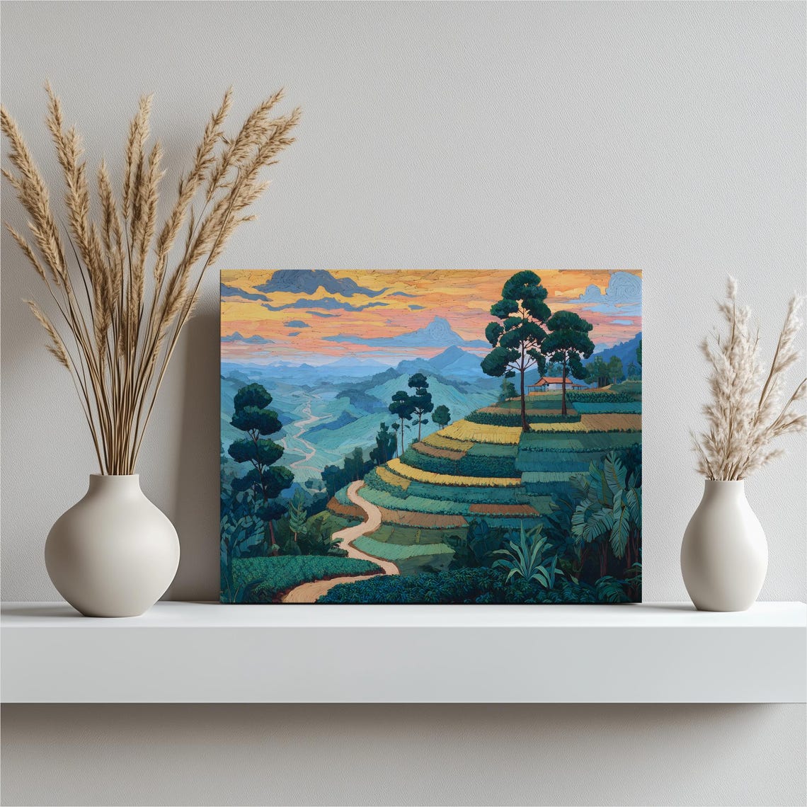 Terraced Countryside Sunset Fields Rolling Hills Scenic Art Poster