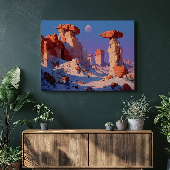 Moonlit Desert Canvas Wall Art Colorful Southwest Hoodoos Landscape Painting Print Moon Canyon Decor Rock Formations Gift