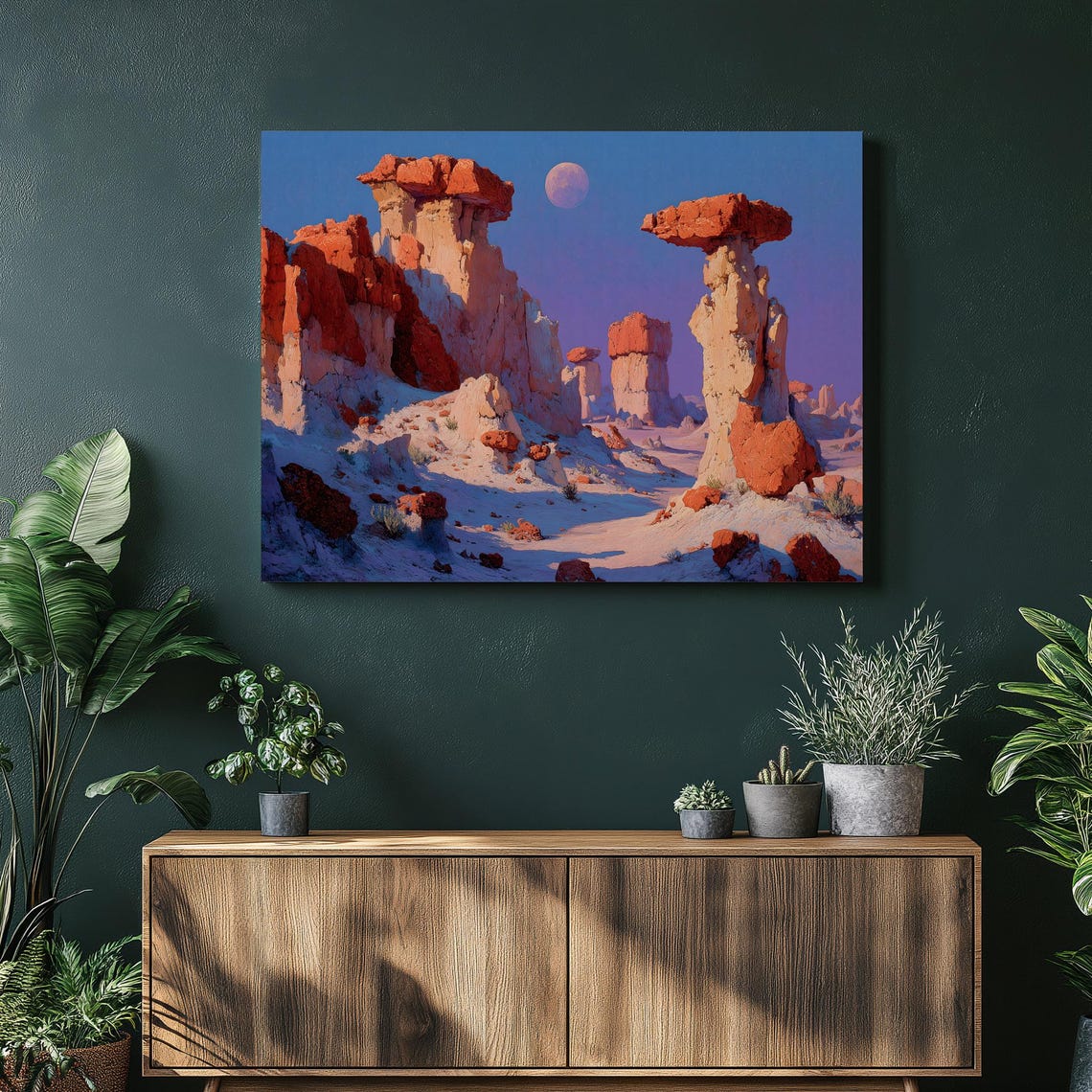 Moonlit Desert Hoodoos Colorful Rock Formations Night Sky Moon Poster