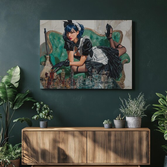 Blue Hair Maid Lounging Green Couch Retro Pin-Up Art Scene Poster
