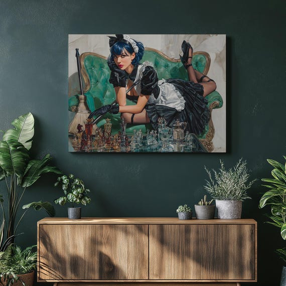 French Maid Chess Canvas Wall Art Realistic Glamour Print Modern Decor With Vintage Sofa Glass Table Set And Tea Painting