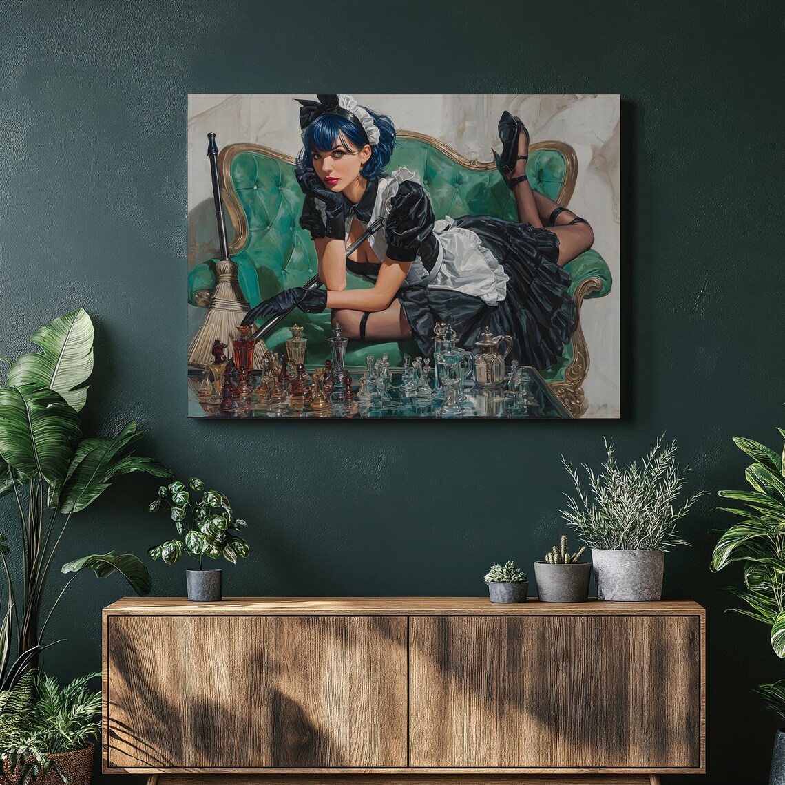 Blue Hair Maid Lounging Green Couch Retro Pin-Up Art Scene Poster