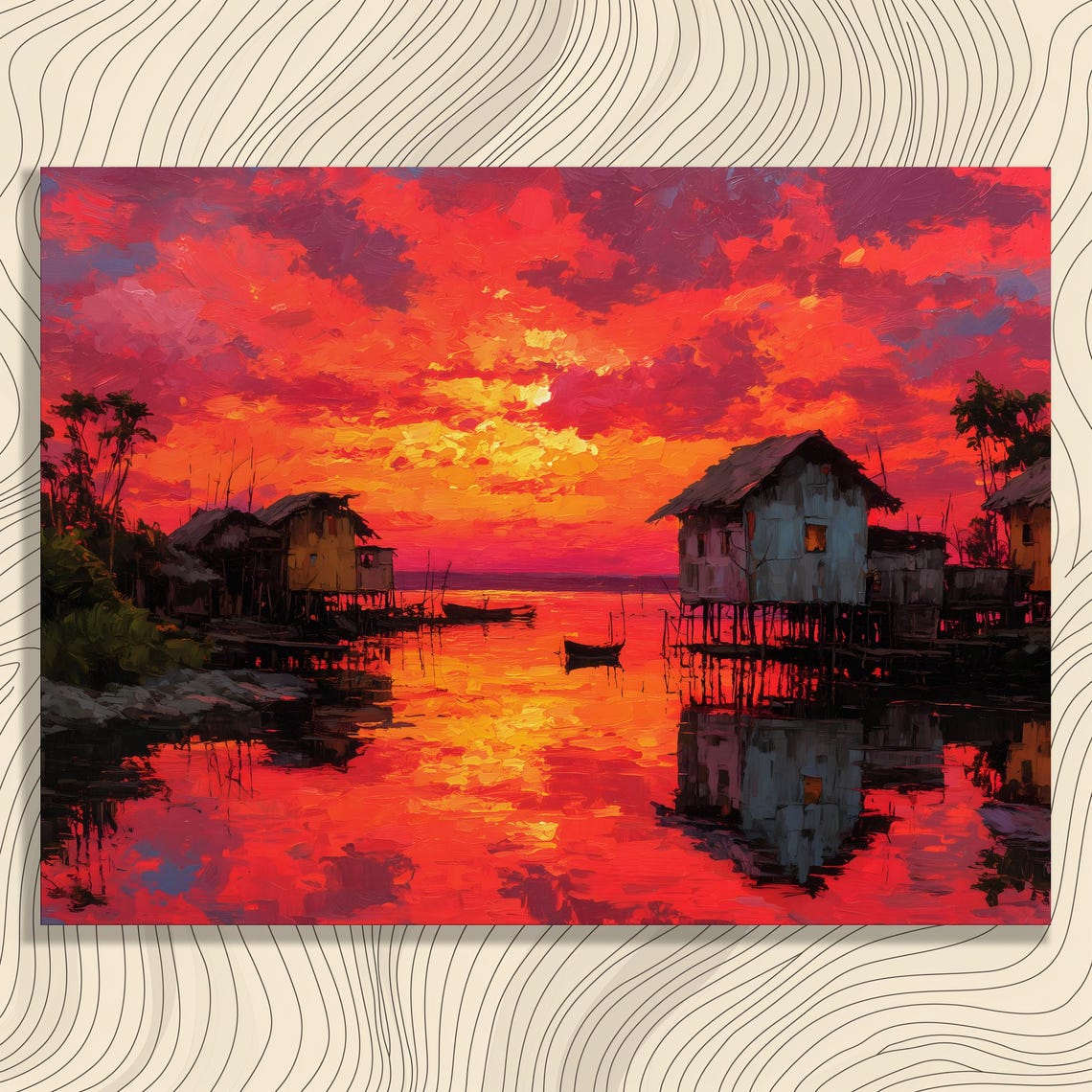 Fiery Tropical Sunset Stilt Village Lagoon Reflection Painting Poster