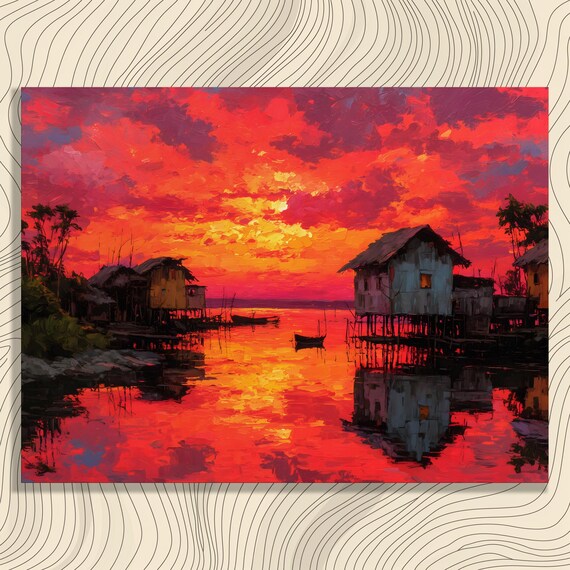 Fiery Tropical Sunset Stilt Village Lagoon Reflection Painting Poster