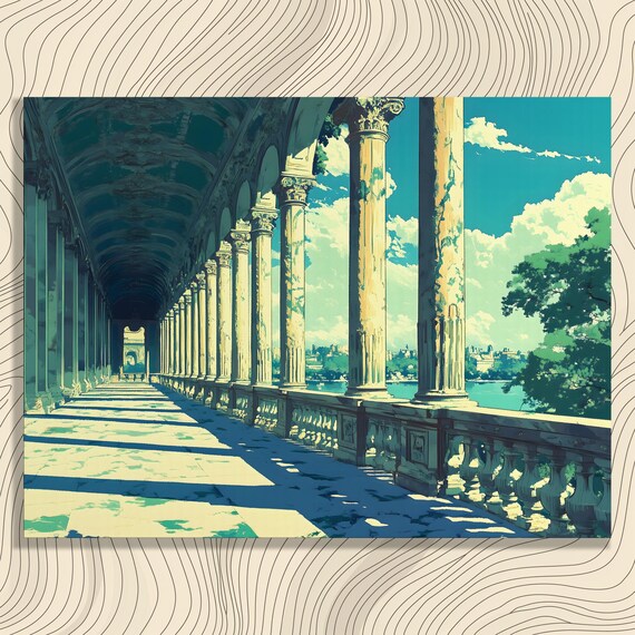 Baroque Colonnade Arched Walkway Waterfront Canvas Art Poster