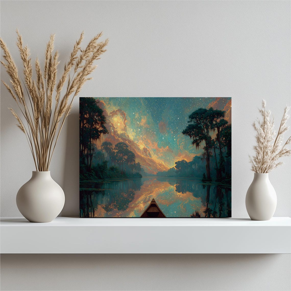 Colorful Lake Canoe Canvas Wall Art Milky Way Starry Sky Reflection Over With Cypress Trees Sunset Landscape Nature Decor Print