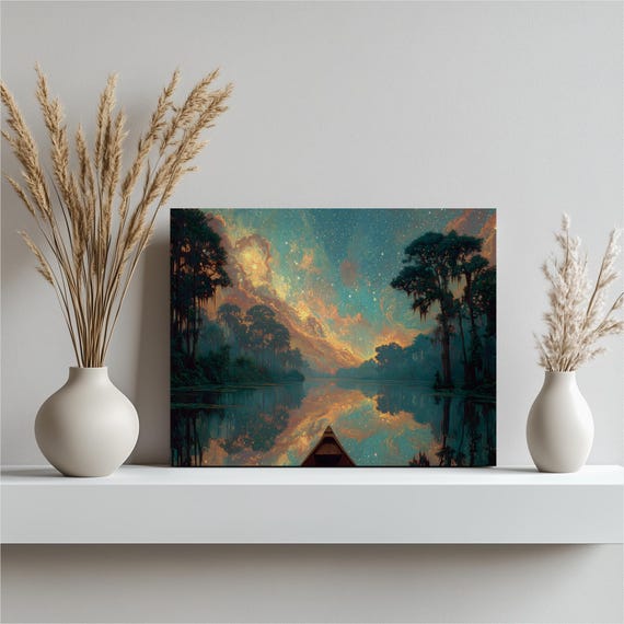 Colorful Lake Canoe Canvas Wall Art Milky Way Starry Sky Reflection Over With Cypress Trees Sunset Landscape Nature Decor Print