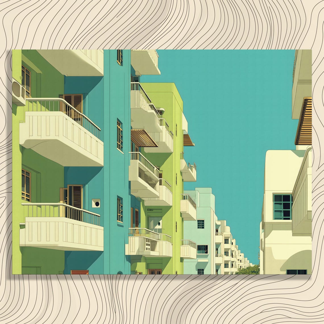 Colorful Apartment Buildings Retro Balcony Cityscape Art Poster