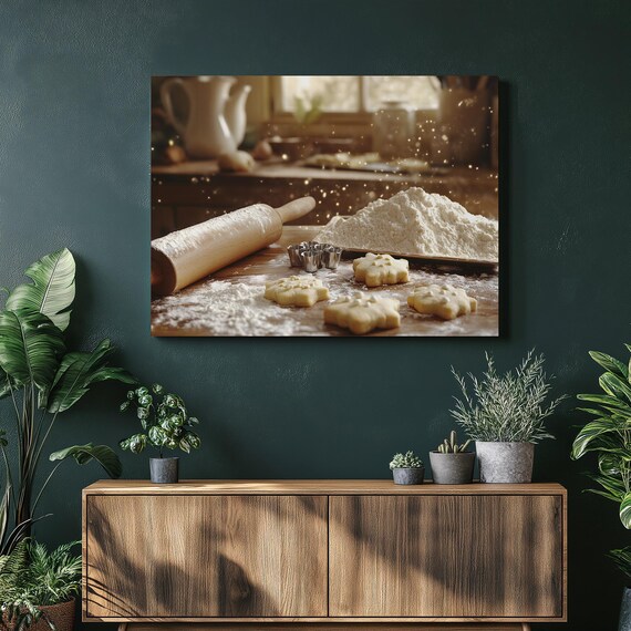 Cozy Home Baking Scene Cookie Dough Rolling Pin Kitchen Wall Art