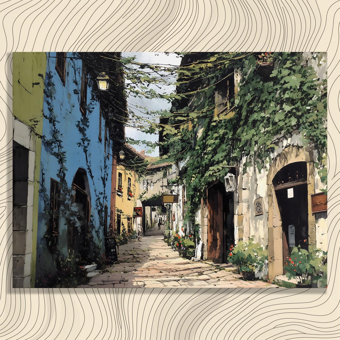 Sunlit European Cobblestone Alley Ivy Covered Buildings Art Poster