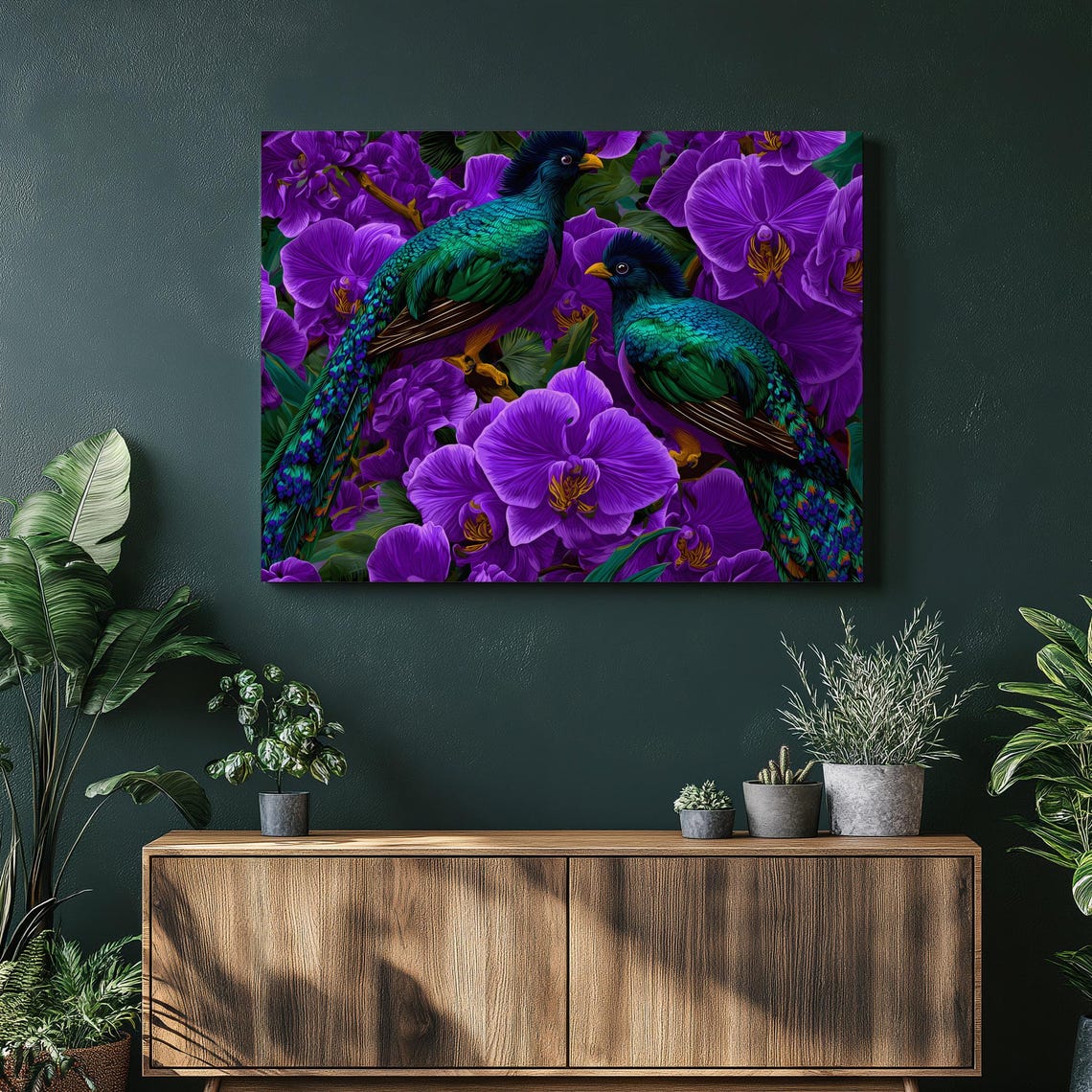 Tropical Iridescent Birds Purple Orchids Boho Botanical Art Poster