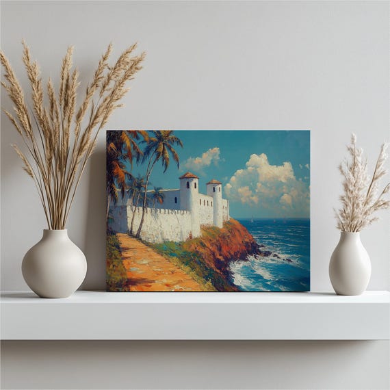 Ghana Canvas Wall Art Cape Coast Castle Coastal Decor Beach Painting With Palm Tree Ocean View For Living Room Bedroom Office