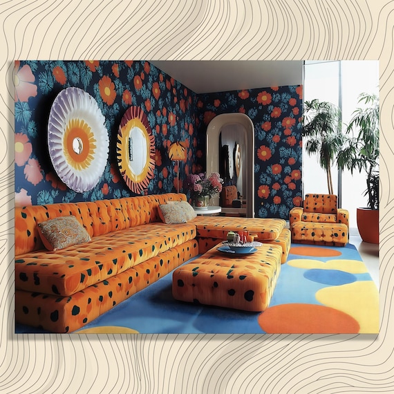 Retro Floral Wallpaper Living Room Bold Orange Sofa Interior Poster