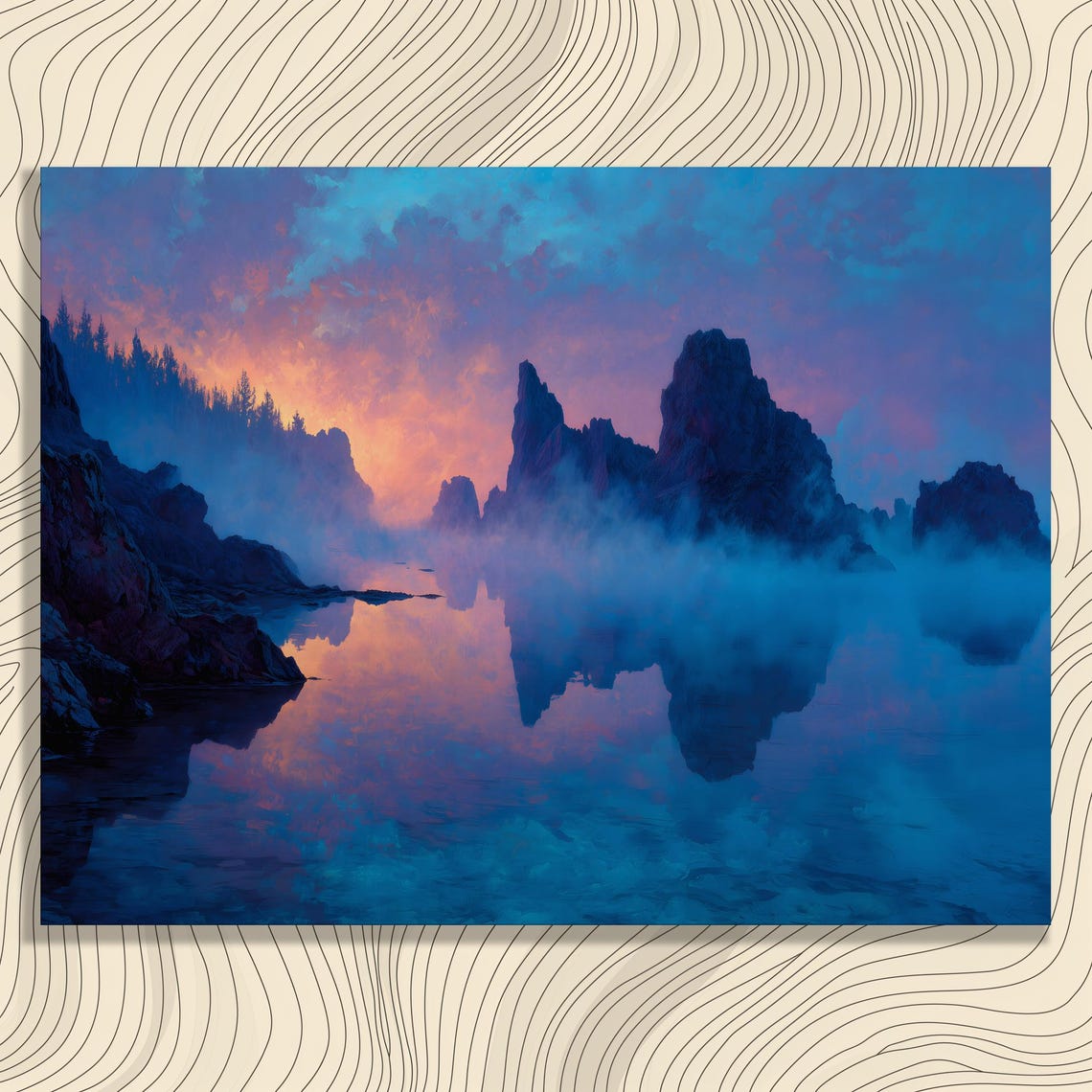 Dreamy Misty Sunrise Rocky Coast Ocean Reflection Wall Poster