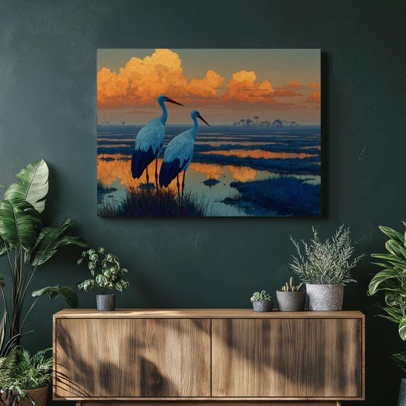 Blue Heron Marsh Canvas Wall Art Sunrise Wetland Wildlife Illustration Colorful Nature Print Coastal Birds Cloudy Sky Reflection Decor