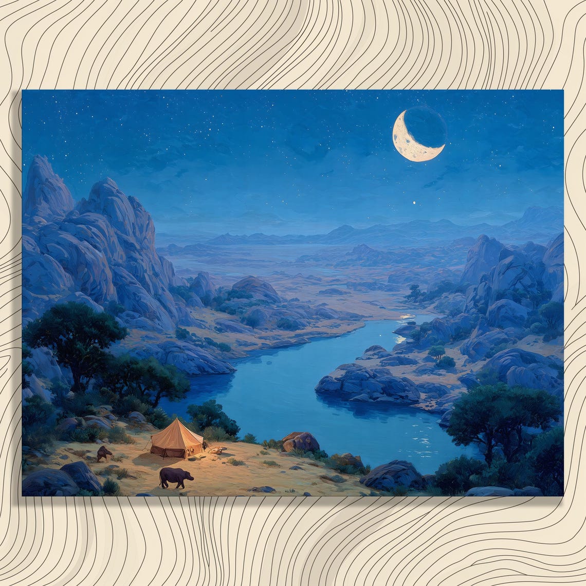 African Safari Canvas Wall Art Moonlit Hippo River Landscape Scenic Nature Prints Starry Night Wilderness Camping Decor Print