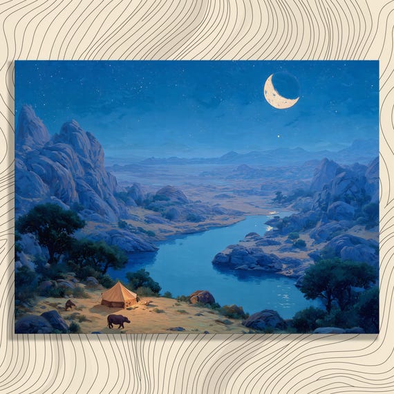 African Safari Canvas Wall Art Moonlit Hippo River Landscape Scenic Nature Prints Starry Night Wilderness Camping Decor Print