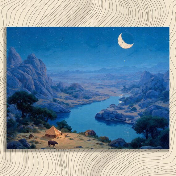 Moonlit River Valley Night Tent Starry Sky Crescent Moon Art Print