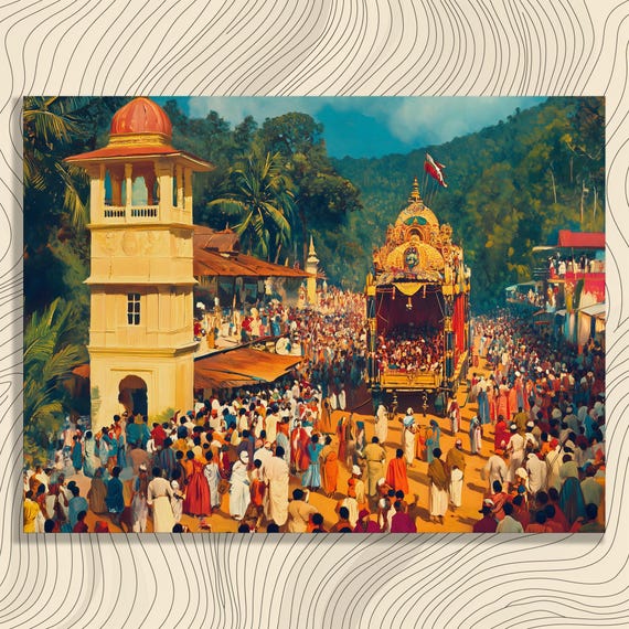 Temple Festival Canvas Wall Art Vibrant Impressionist Chariot Procession With Palm Trees Tropical Decor Boho Colorful Prin