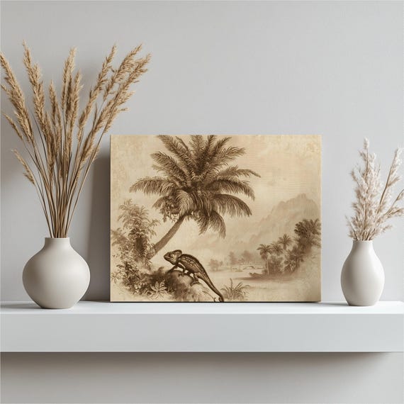Vintage Chameleon Tropical Canvas Wall Art Sepia Engraving Jungle Palm Tree Landscape Exotic Wildlife Print Reptile Decor Natural History