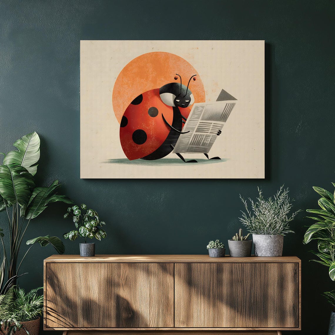 Ladybug Reading Newspaper Retro Insect Illustration Style Poster
