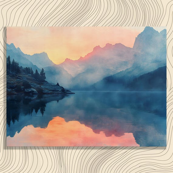 Serene Lake Sunset Canvas Wall Art Misty Mountain Reflection Landscape Painting Print For Nature Enthusiasts Modern Home Decor