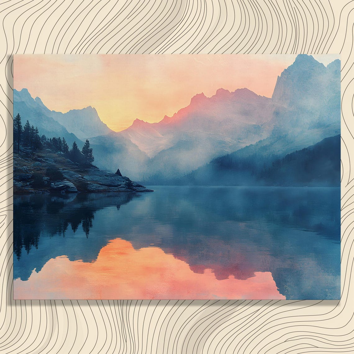 Misty Mountain Lake Sunset Reflection Serene Landscape Poster