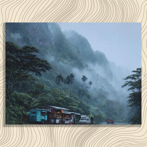 Misty Mountain Roadside Food Truck Tropical Jungle Landscape Painting Poster